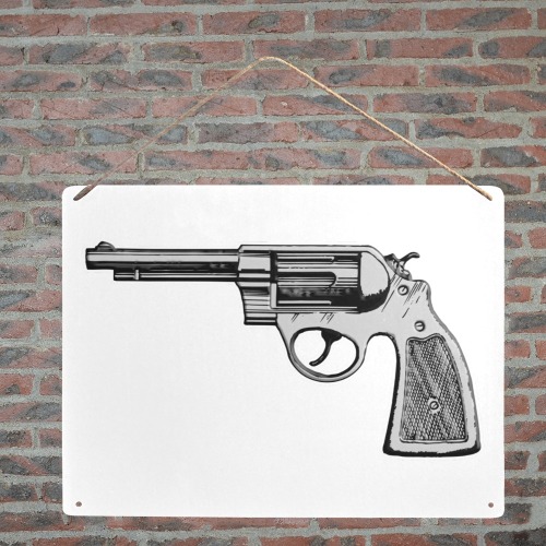 Image of a vintage revolver. White-stroked. Metal Tin Sign 16"x12"