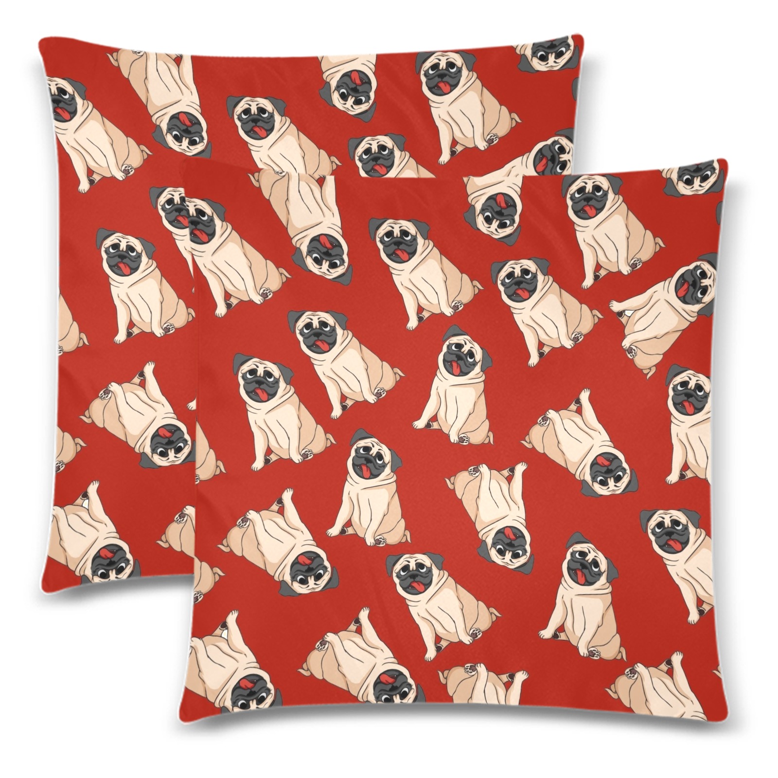 Pugs on Red Custom Zippered Pillow Cases 18"x 18" (Twin Sides) (Set of 2)