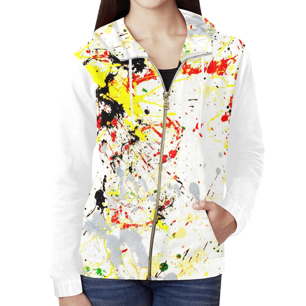 Yellow Paint Splatter - White Sleeves All Over Print Full Zip Hoodie for Women (Model H14)