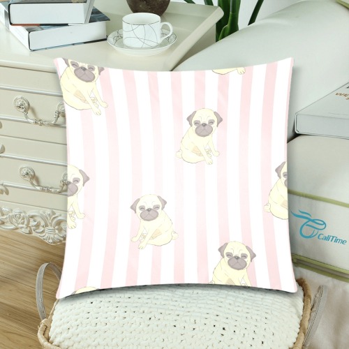 Pugs on Pink Stripes Custom Zippered Pillow Cases 18"x 18" (Twin Sides) (Set of 2)