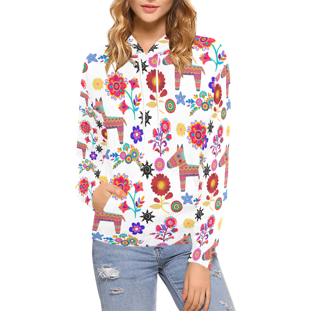 Alpaca Pinata and Flowers All Over Print Hoodie for Women (USA Size) (Model H13)