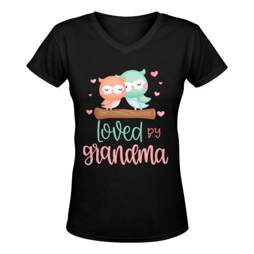 Loved By Grandma with Adorable Owls Women's Deep V-neck T-shirt (Model T19)