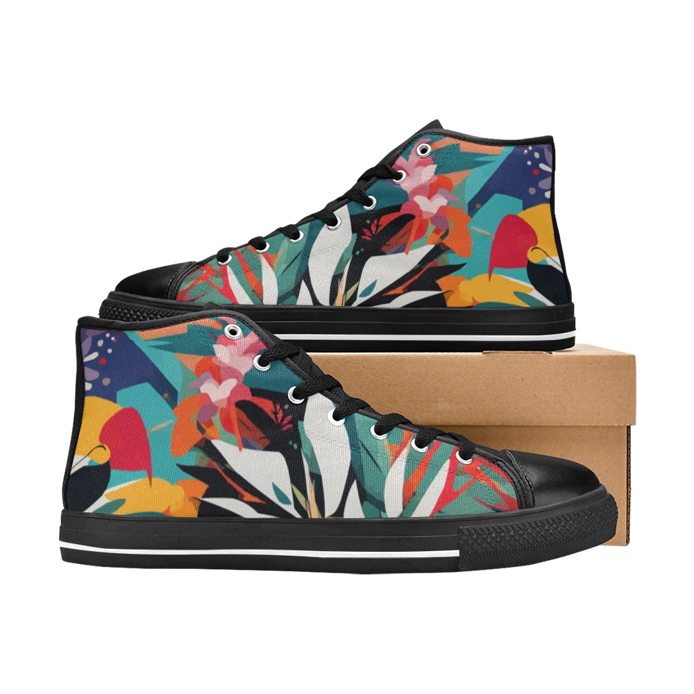Tropical flowers and plants on orange background. Women's Classic High Top Canvas Shoes (Model 017)