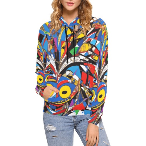 Geometrical abstract art of a tribal African mask. All Over Print Hoodie for Women (USA Size) (Model H13)