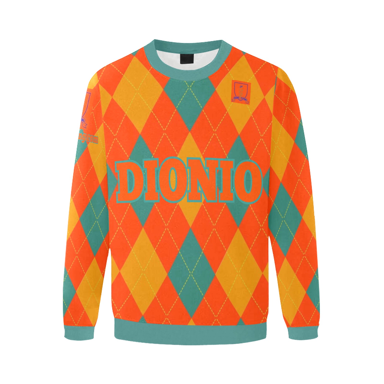DIONIO Clothing - Argyle Orange,Turquoise & Badge Diamond Sweatshirt (Orange Lightning Logo) Men's Oversized Fleece Crew Sweatshirt (Model H18)