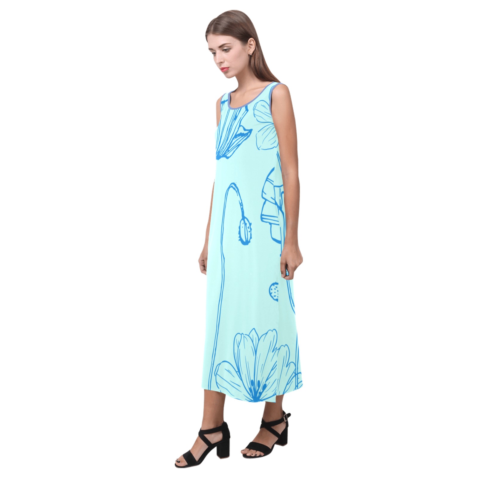 Blue Poppies Long Tank Dress PaleTeal Phaedra Sleeveless Open Fork Long Dress (Model D08)