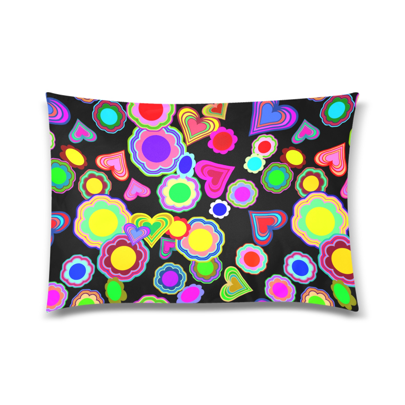 Groovy Hearts and Flowers Black Custom Zippered Pillow Case 20"x30" (one side)