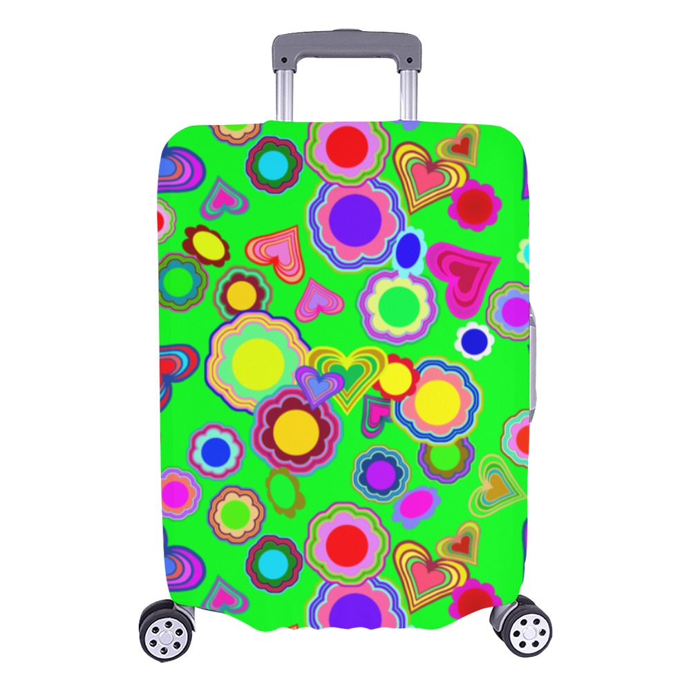 Groovy Hearts and Flowers Green Luggage Cover/Large 26"-28"