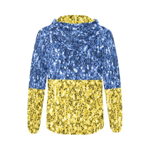 Blue yellow Ukraine flag glitter faux sparkles All Over Print Full Zip Hoodie for Women (Model H14)