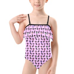 Black Cats Wearing Bow Ties - Pink Kids' Spaghetti Strap Ruffle Swimsuit (Model S26)