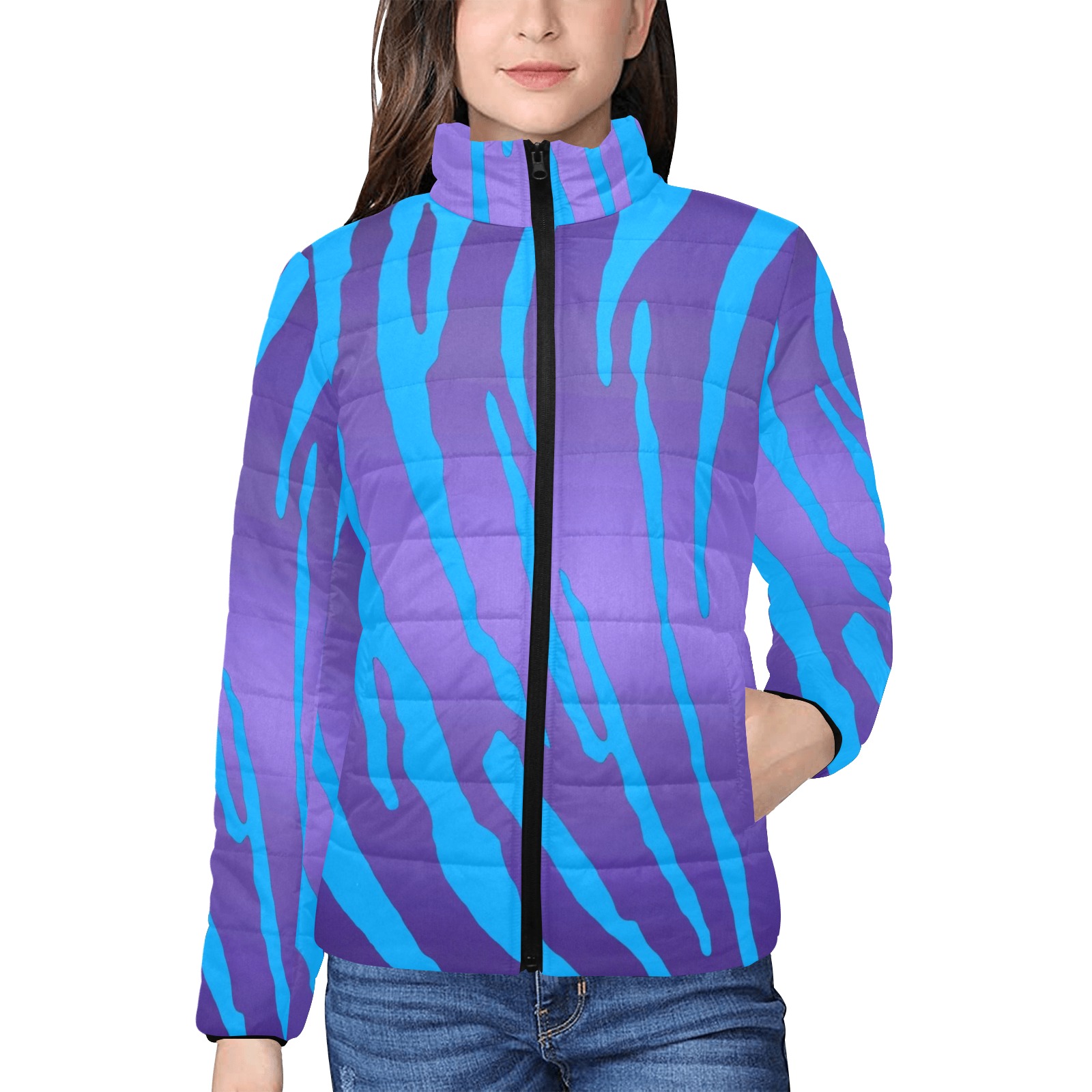 Metallic Tiger Stripes Purple Blue Women's Stand Collar Padded Jacket (Model H41)