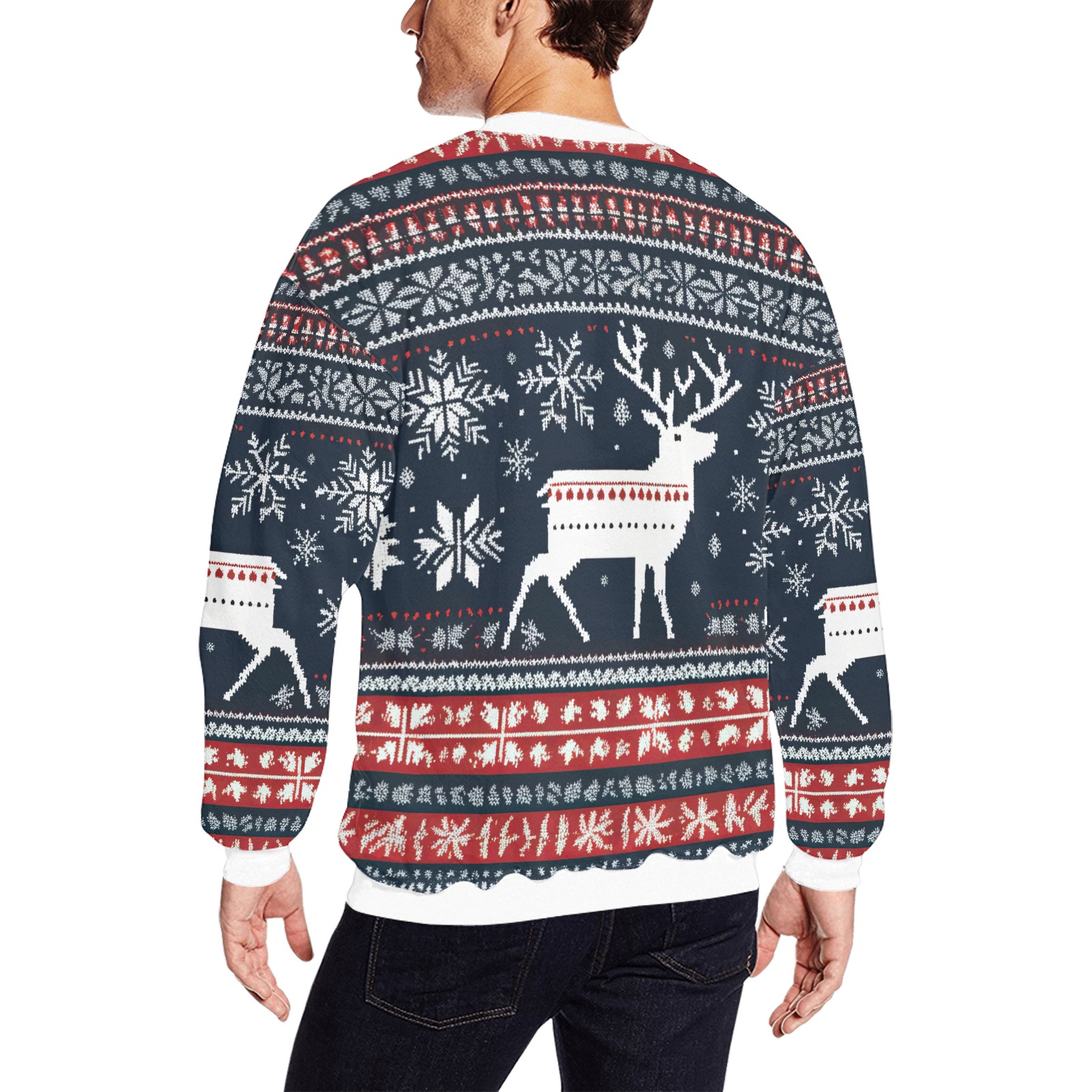 White decorated deers, snowflakes stylish pattern. All Over Print Crewneck Sweatshirt for Men (Model H18)