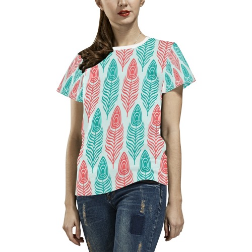 Blue and pink feathers pattern All Over Print T-Shirt for Women (USA Size) (Model T40)