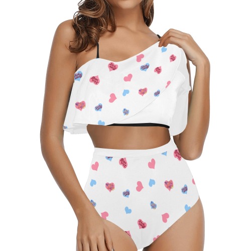 Love Pink-Blue Hearts-Wild Thing-Hot Stuff High Waisted Ruffle Bikini Set (Model S13)