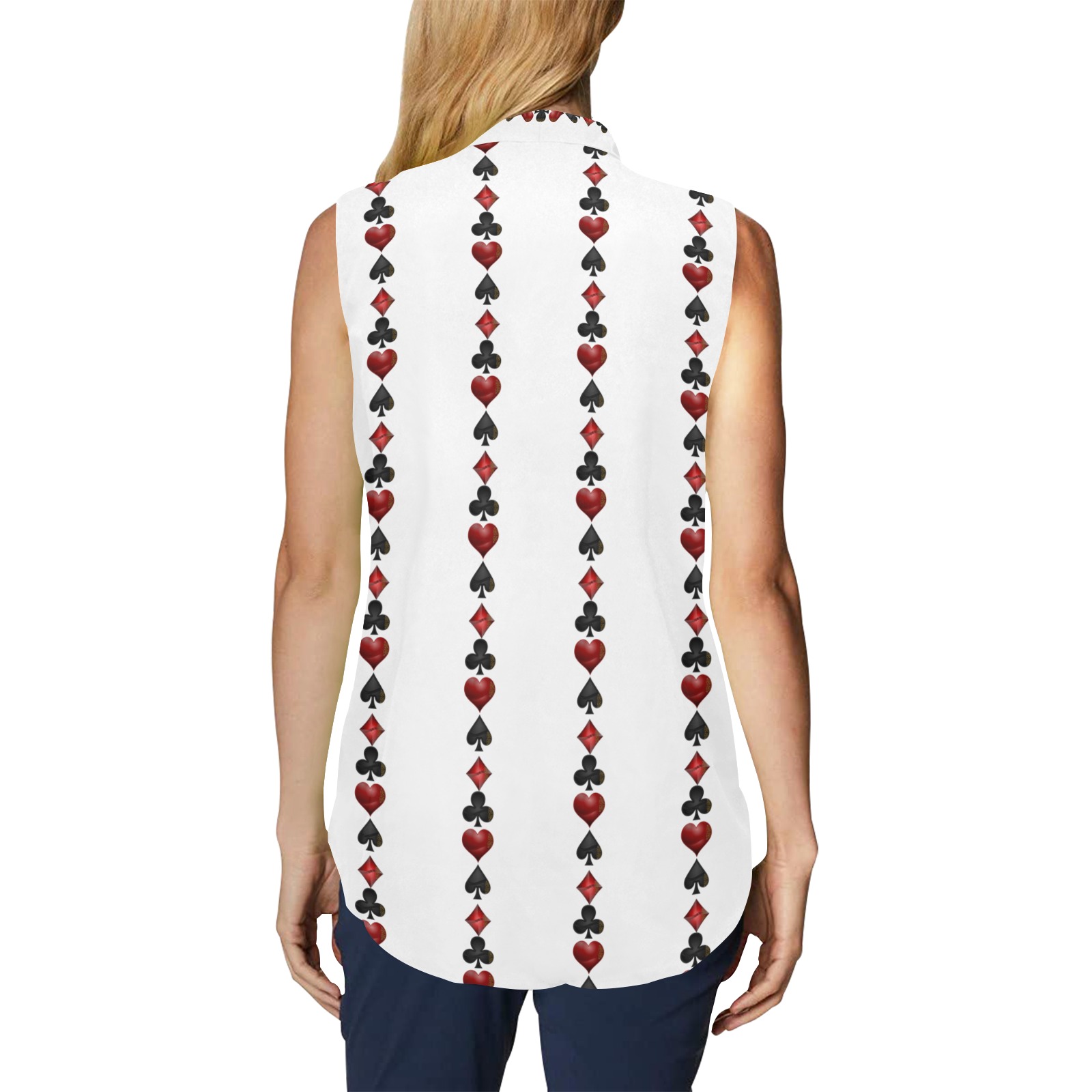 Black Red Playing Card Shapes - White Women's Bow Tie V-Neck Sleeveless Shirt (Model T69)