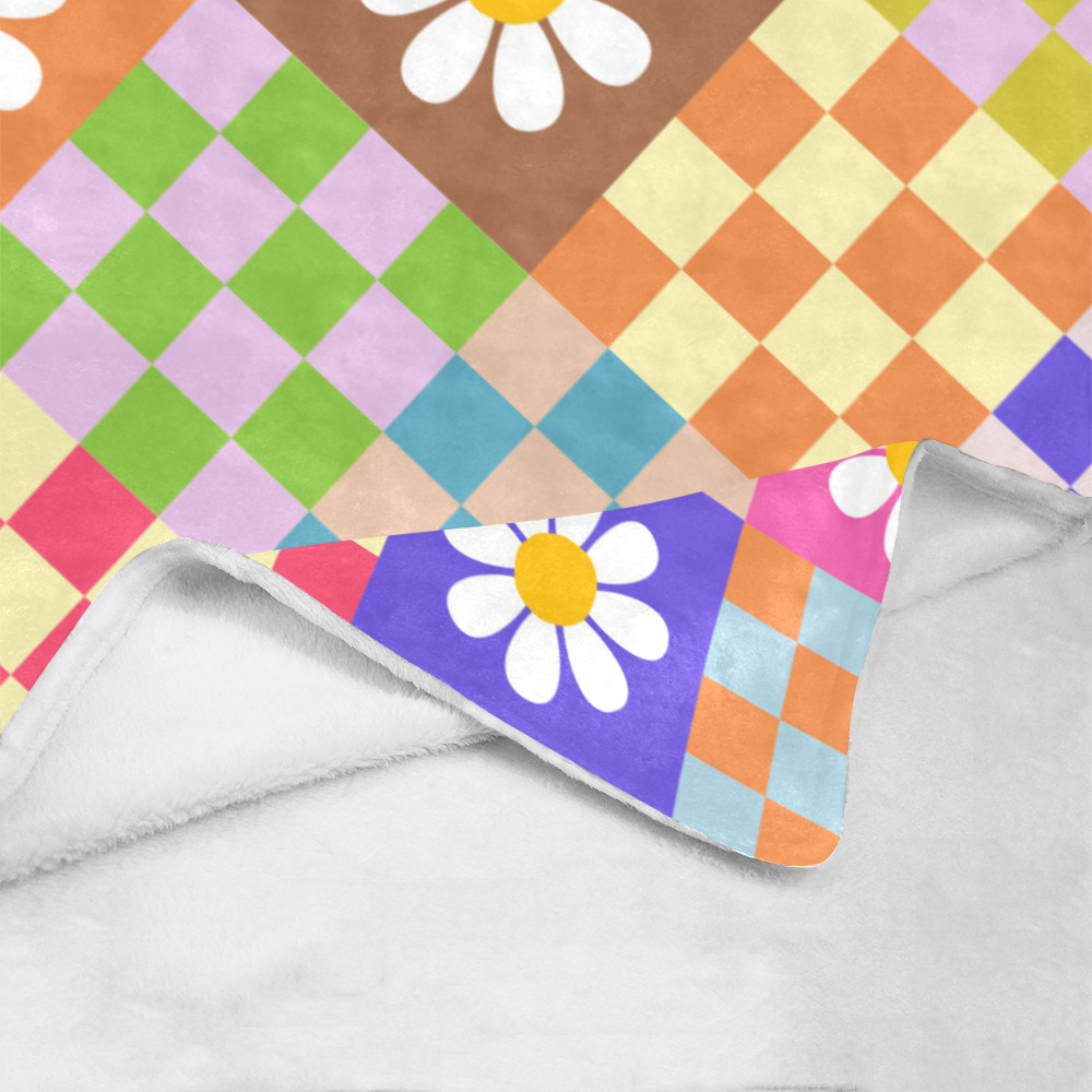 Mid Century Geometric Checkered Retro Floral Daisy Flower Pattern Ultra-Soft Micro Fleece Blanket 60"x80"