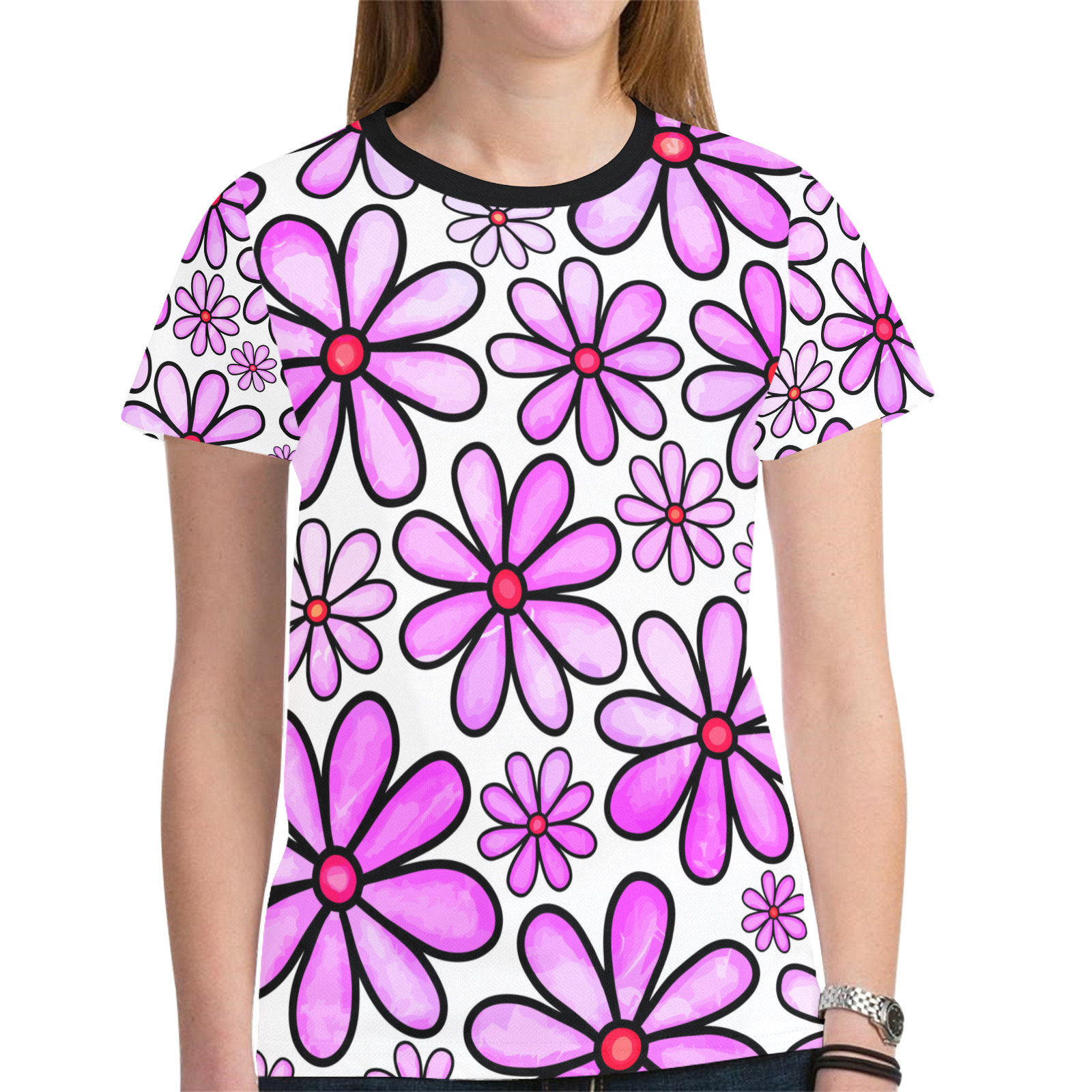 Pink Watercolor Doodle Daisy Flower Pattern New All Over Print T-shirt for Women (Model T45)