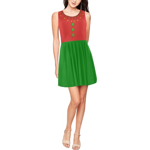 Red Green Elf Costume Thea Sleeveless Skater Dress(Model D19)