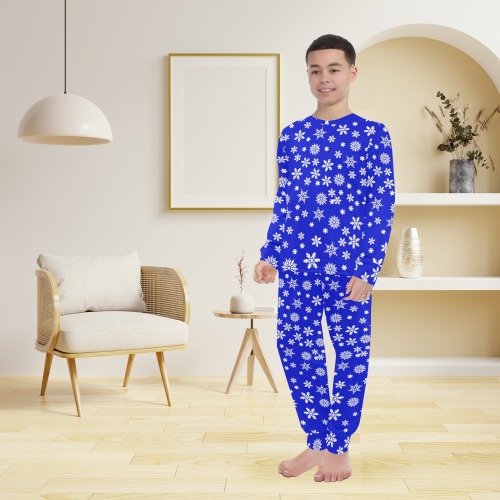 Christmas White Snowflakes on Blue Big Boys' Crew Neck Long Pajama Set