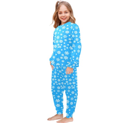 Christmas White Snowflakes on Light Blue Little Girls' Crew Neck Long Pajama Set