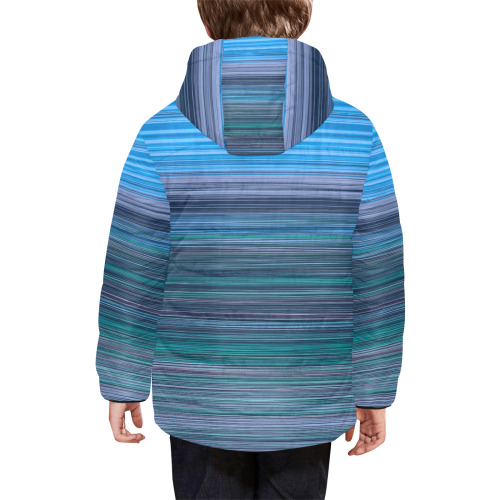Abstract Blue Horizontal Stripes Kids' Padded Hooded Jacket (Model H45)