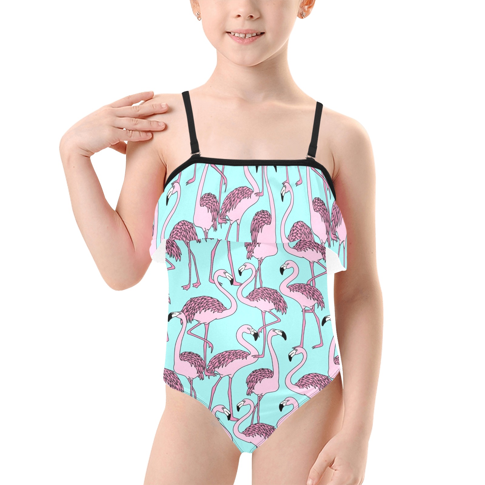 flamingos Kids' Spaghetti Strap Ruffle Swimsuit (Model S26)