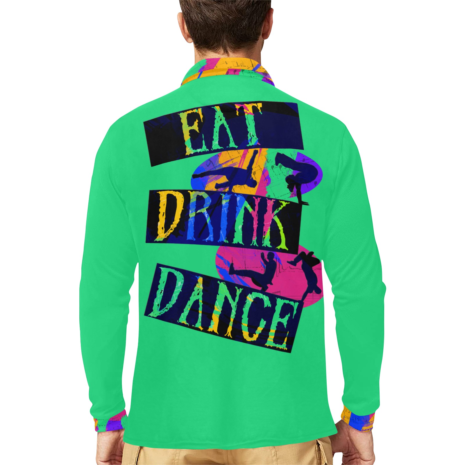 Eat Drink Dance Breakdancing Green Men's Long Sleeve Polo Shirt (Model T73)