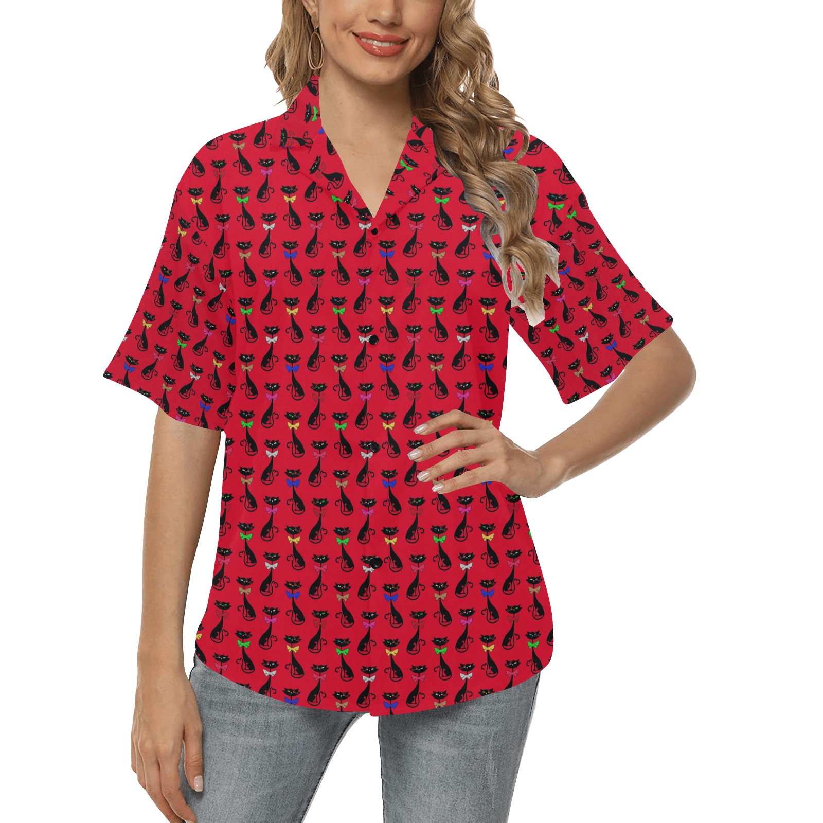 Black Cats Wearing Bow Ties - Red All Over Print Hawaiian Shirt for Women (Model T58)