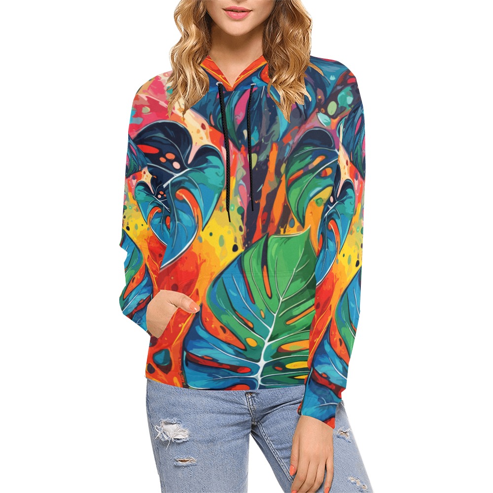 Colorful monstera leaves tropical abstract art. All Over Print Hoodie for Women (USA Size) (Model H13)