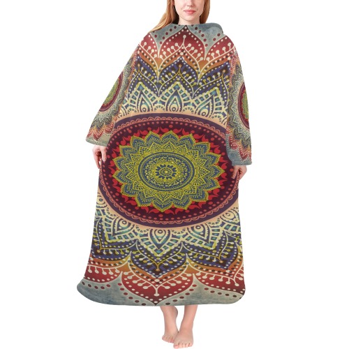 Folk Art MANDALA - dirty grunge blue red Blanket Robe with Sleeves for Adults