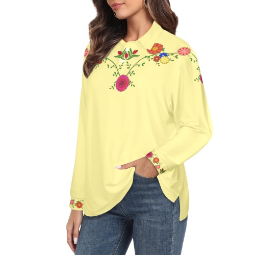 Flowers on the Vine Row / Yellow Women's Long Sleeve Polo Shirt (Model T73)