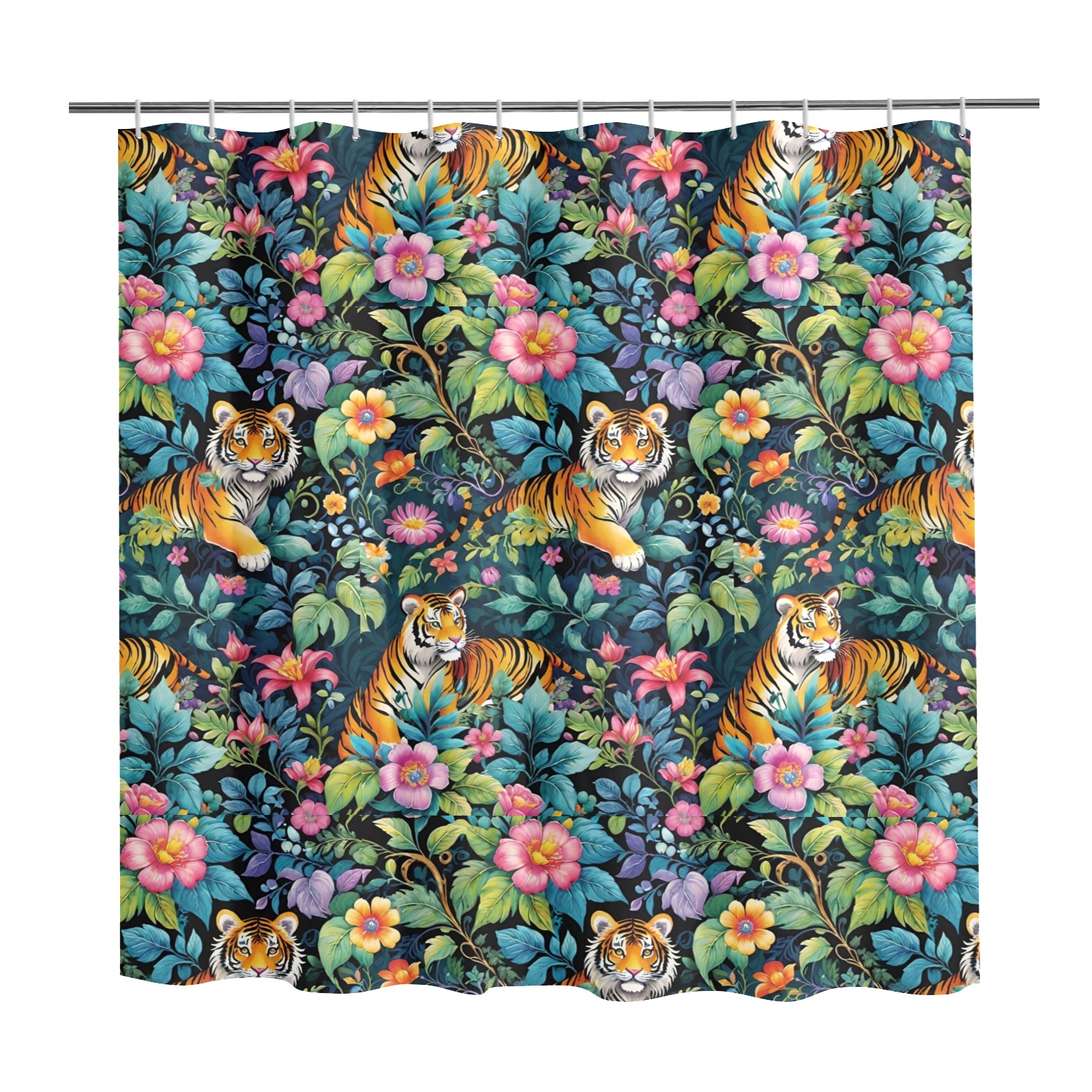 Jungle Tigers and Tropical Flowers Pattern Shower Curtain 72" x 72"