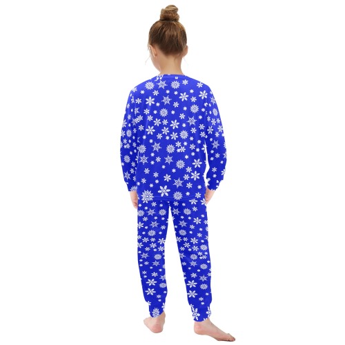 Christmas White Snowflakes on Blue Little Girls' Crew Neck Long Pajama Set