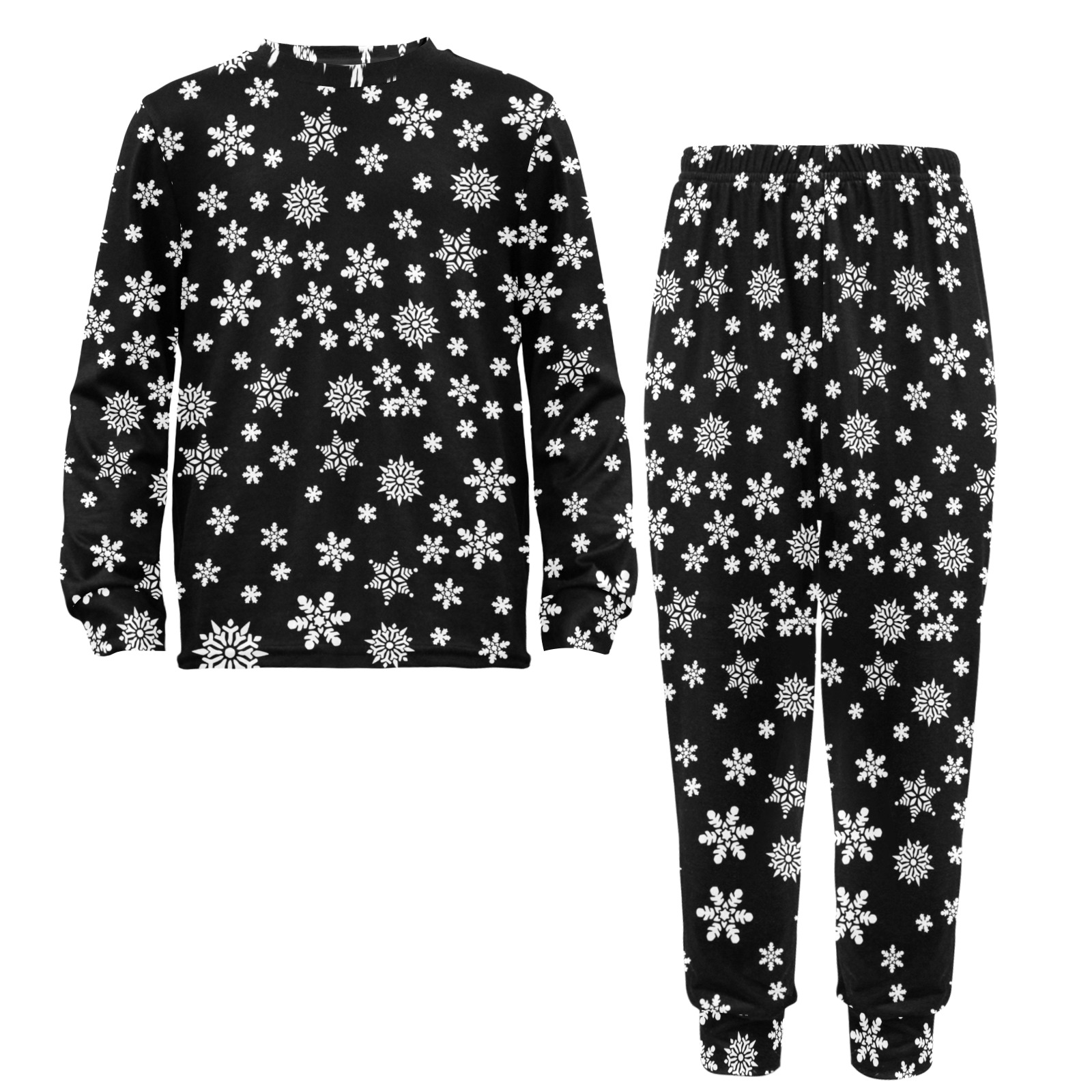 Christmas White Snowflakes on Black Big Girls' Crew Neck Long Pajama Set
