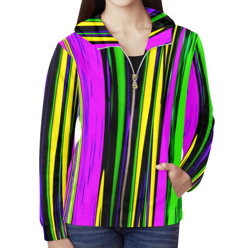 Mardi Gras Stripes All Over Print Full Zip Hoodie for Women (Model H14)