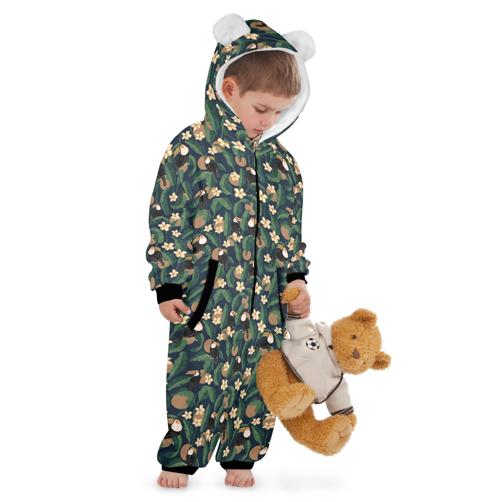 Toucans in the banana trees 85D One-Piece Zip up Hooded Pajamas for Little Kids