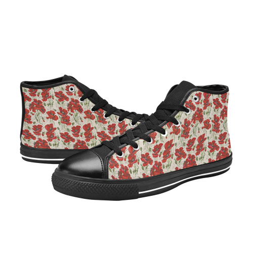 Red Poppy Flowers Vintage Floral Pattern Women's Classic High Top Canvas Shoes (Model 017)