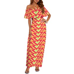 Retro geometrical tribal fucsia Women's Off Shoulder Ruffle Boat Neck Dress (Model D71)