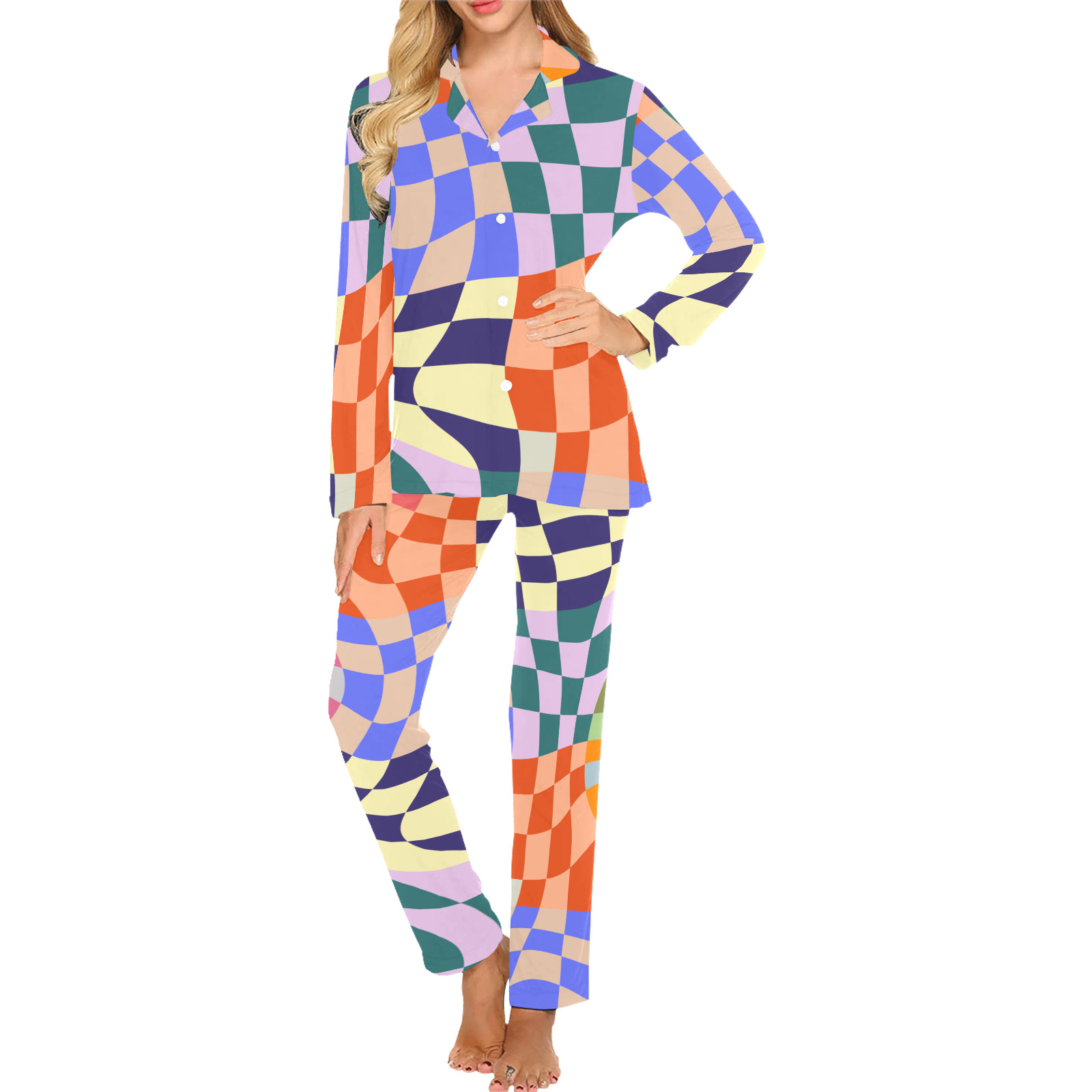 Wavy Groovy Geometric Checkered Retro Abstract Mosaic Pixels Women's Long Pajama Set
