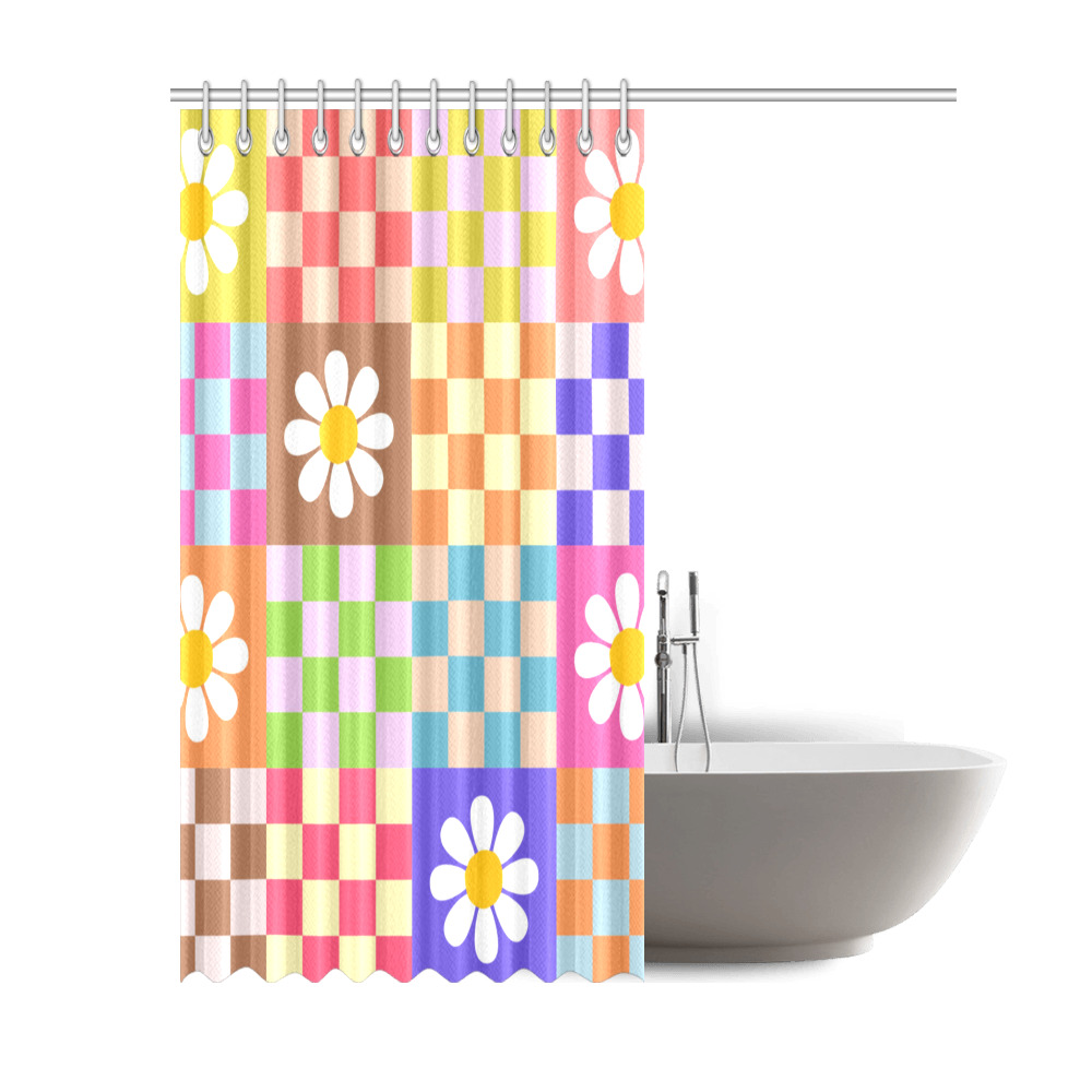 Mid Century Geometric Checkered Retro Floral Daisy Flower Pattern Shower Curtain 69"x84"