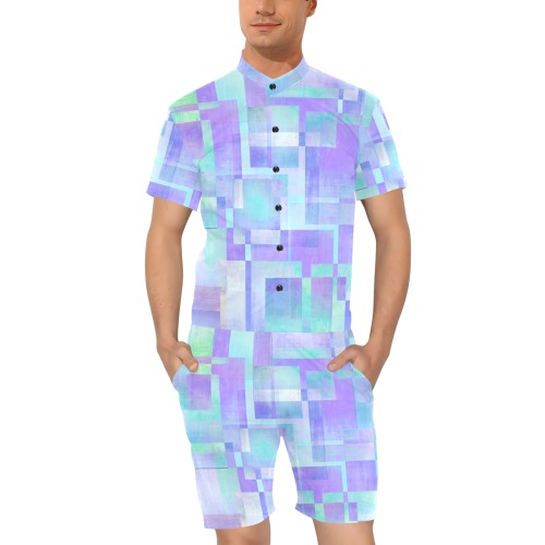cubes clear purple Men's Short Sleeve Jumpsuit
