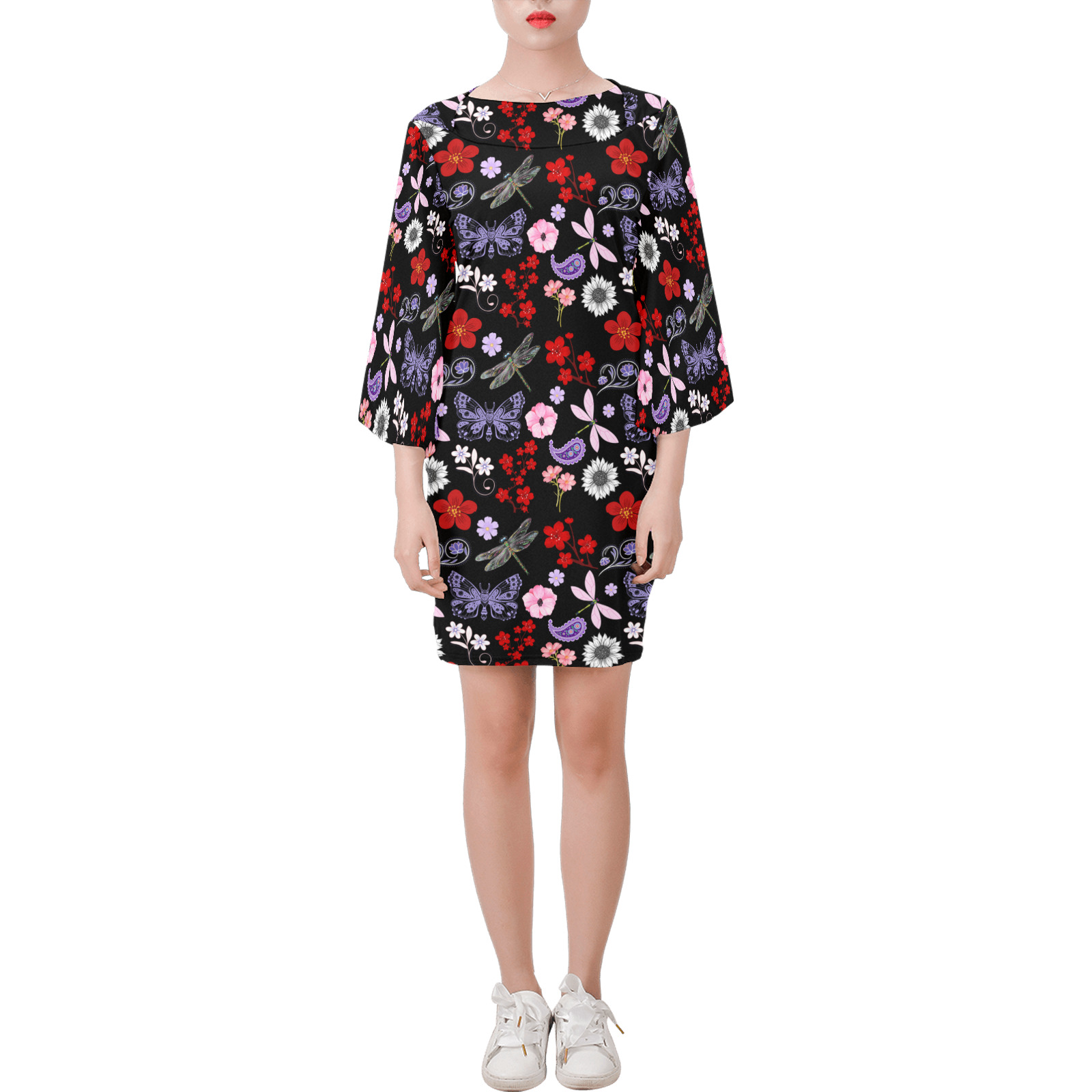 Black, Red, Pink, Purple, Dragonflies, Butterfly and Flowers Design Bell Sleeve Dress (Model D52)