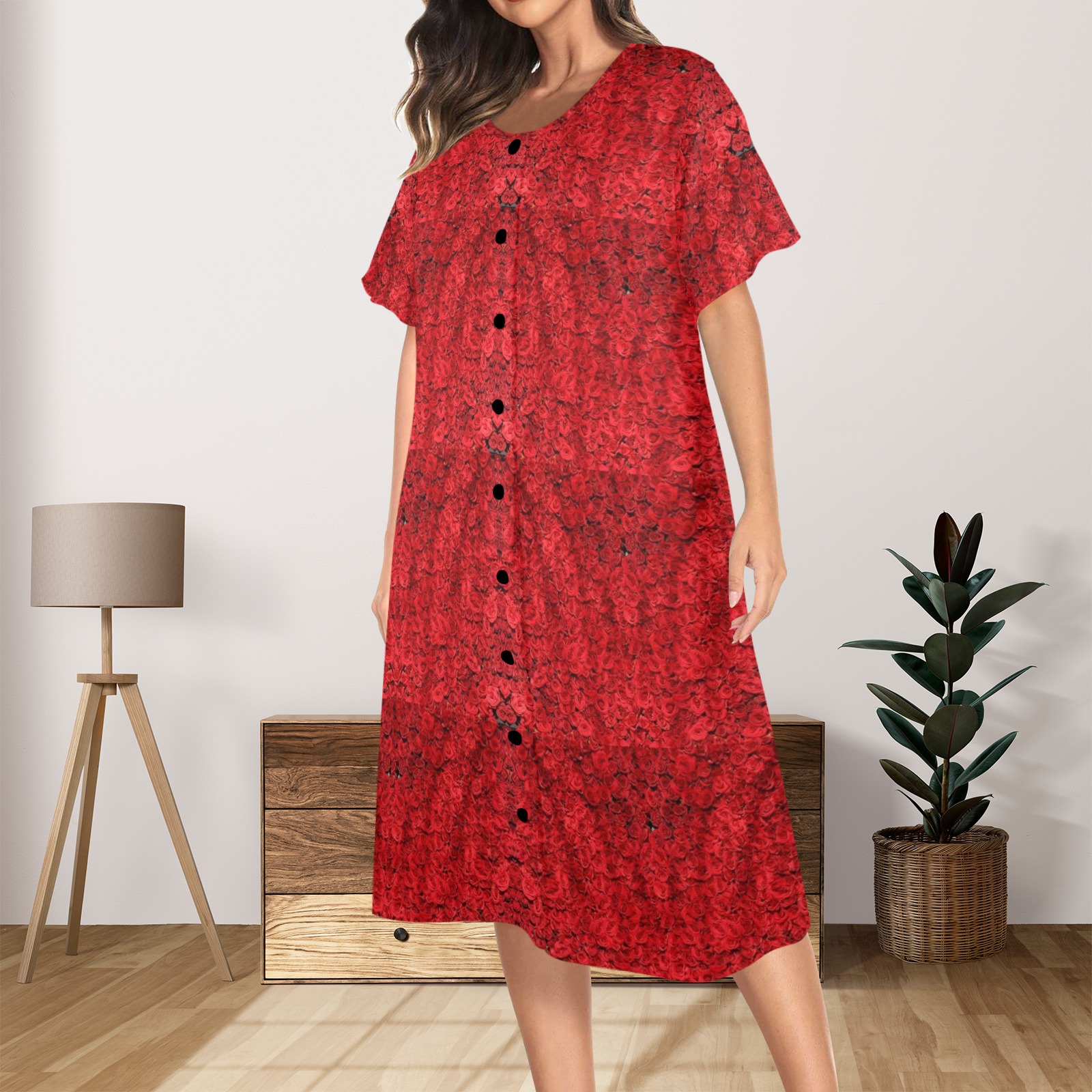 red roses Women's Button Front House Dress