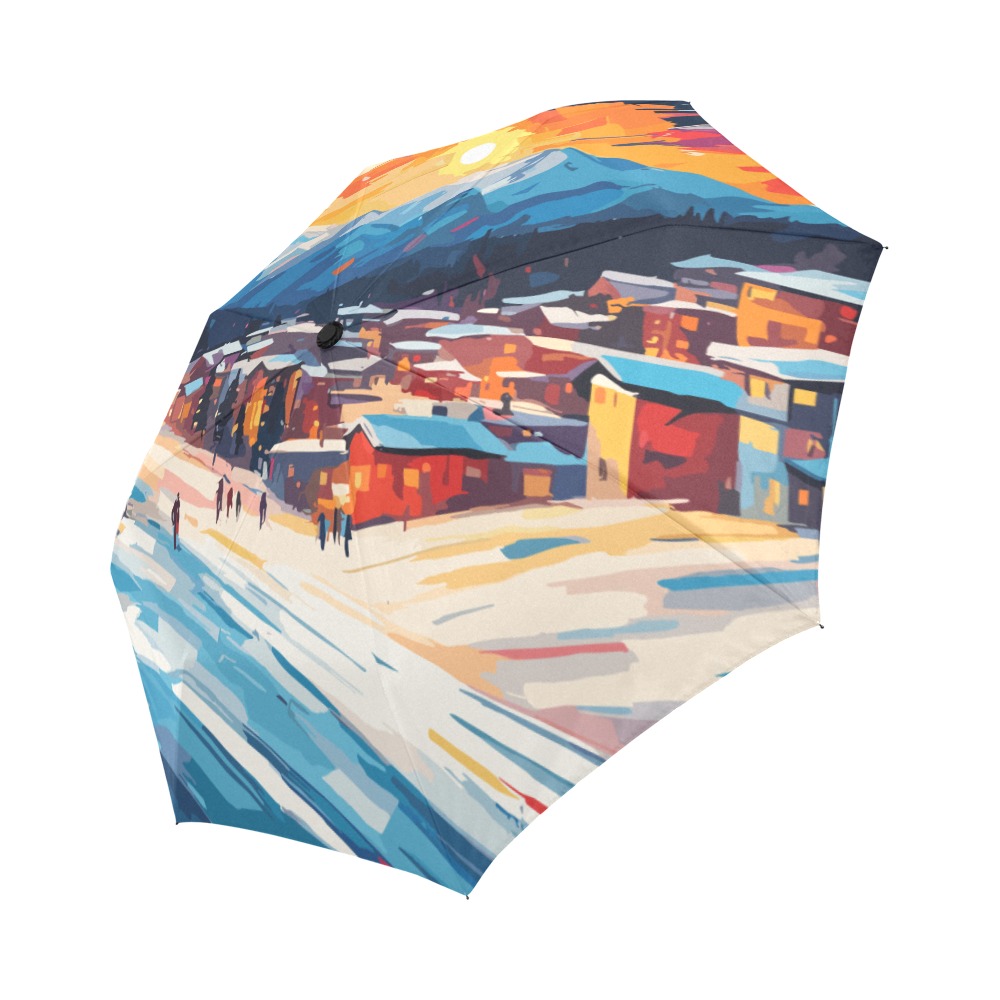 Winter sunset over the skiing resort colorful art Auto-Foldable Umbrella (Model U04)