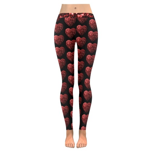 Red sparkles heart faux glitter Valentines Day love pattern on black Women's Low Rise Leggings (Invisible Stitch) (Model L05)