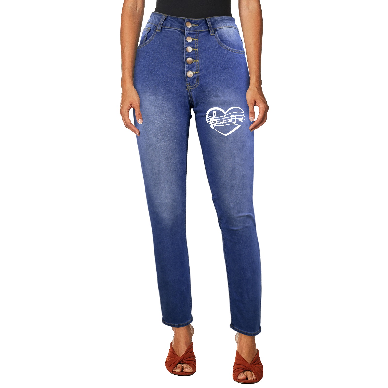 I love music, violin clef, notes, heart in white. Women's Jeans (Front Printing)