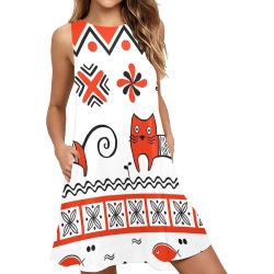 Tribal Art Doodle Cat Sleeveless A-Line Pocket Dress (Model D57)