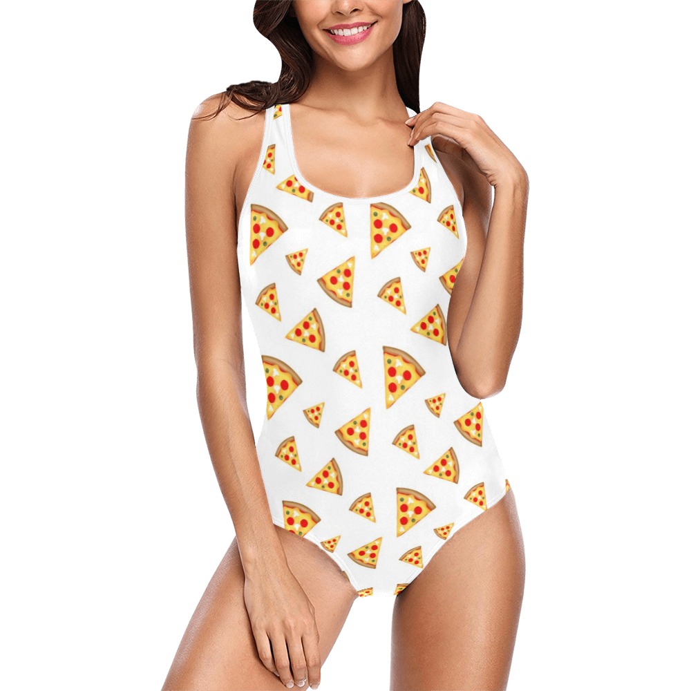 Cool and fun pizza slices pattern on white Vest One Piece Swimsuit (Model S04)