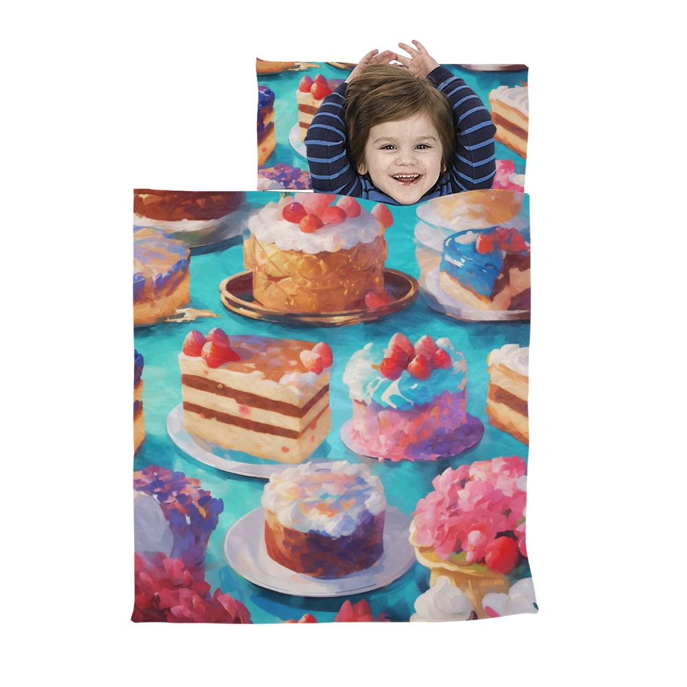 Variety of yummy cakes on a table. Sweet desserts. Kids' Sleeping Bag