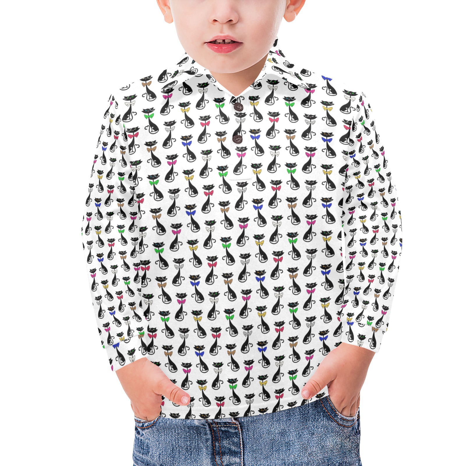 Black Cats Wearing Bow Ties Little Boys' All Over Print Long Sleeve Polo Shirt (Model T73)